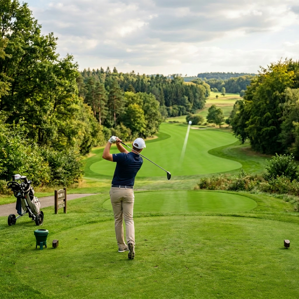 Golfer swinging a driver on a green fairway tee surrounded by trees